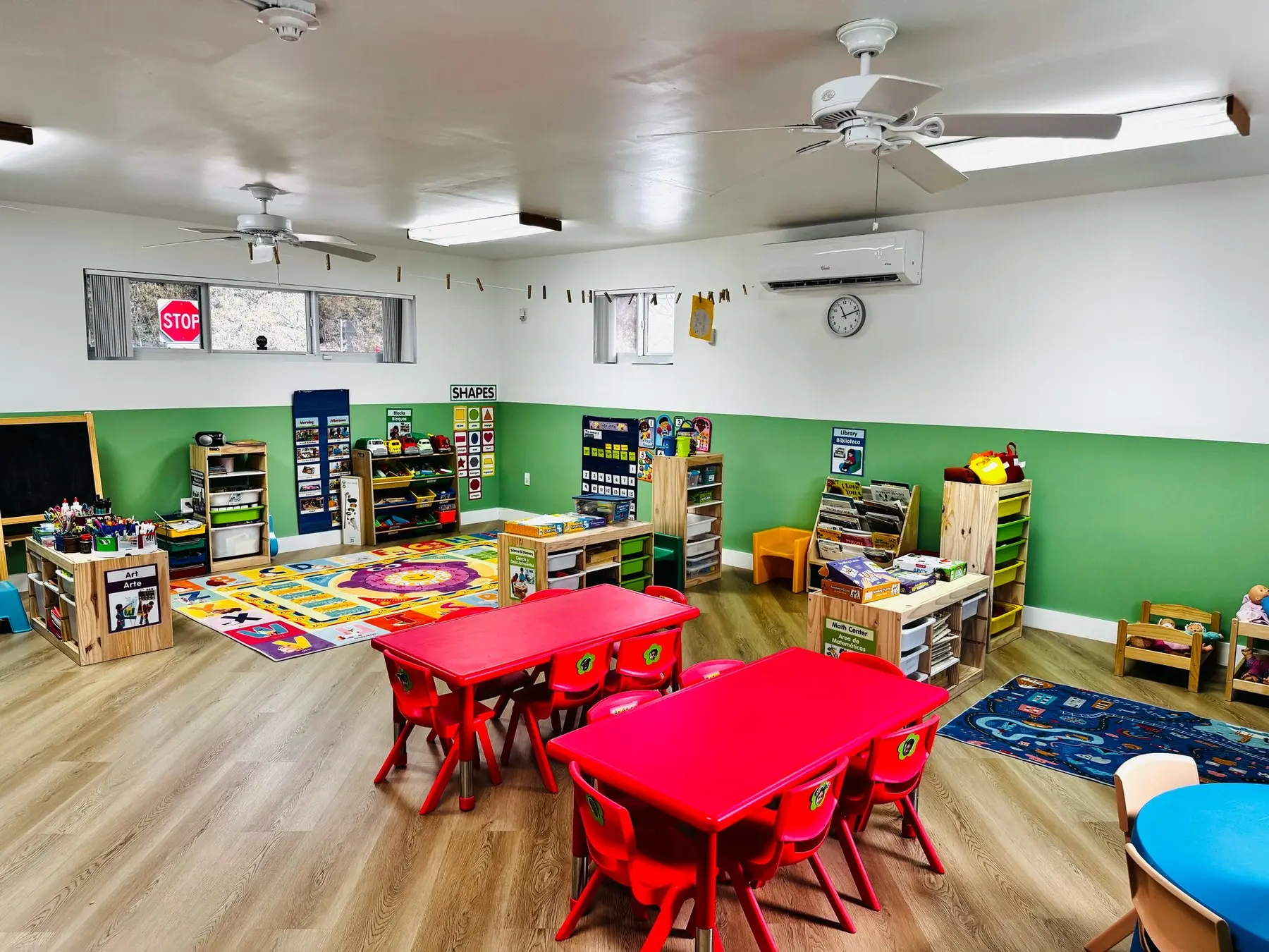 Classroom with tables and learning materials